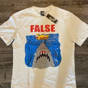 White Graphic Tee with Shark Print